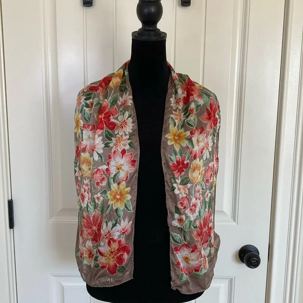 Anne Klein Silk Scarf Floral Coquette Feminine Brown Red Gree Yellow‎ 11x53